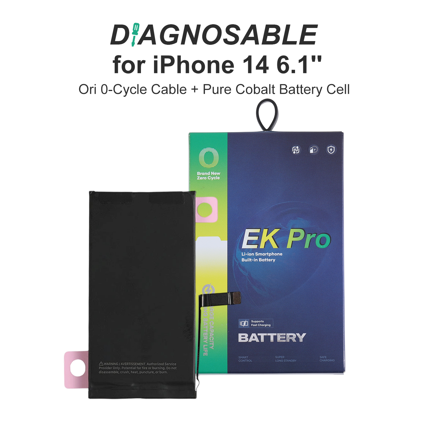 Diagnosable Battery with Sticker for iPhone 14 6.1", (Ti BMS+Pure Cobalt High Capacity Battery Cell)