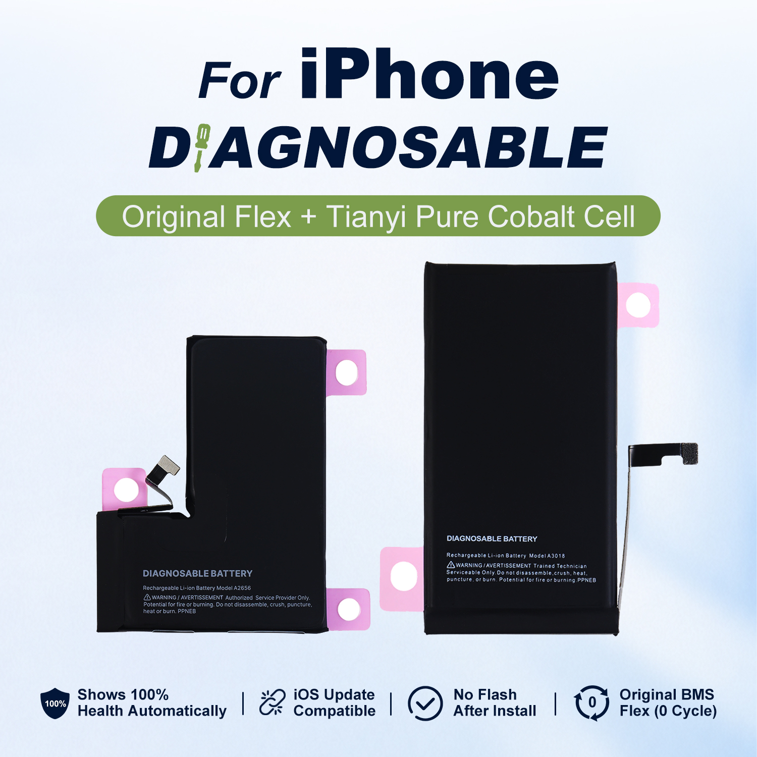 Diagnosable Battery with Sticker for iPhone , (Ti BMS+Pure Cobalt Battery Cell), Standard Capacity