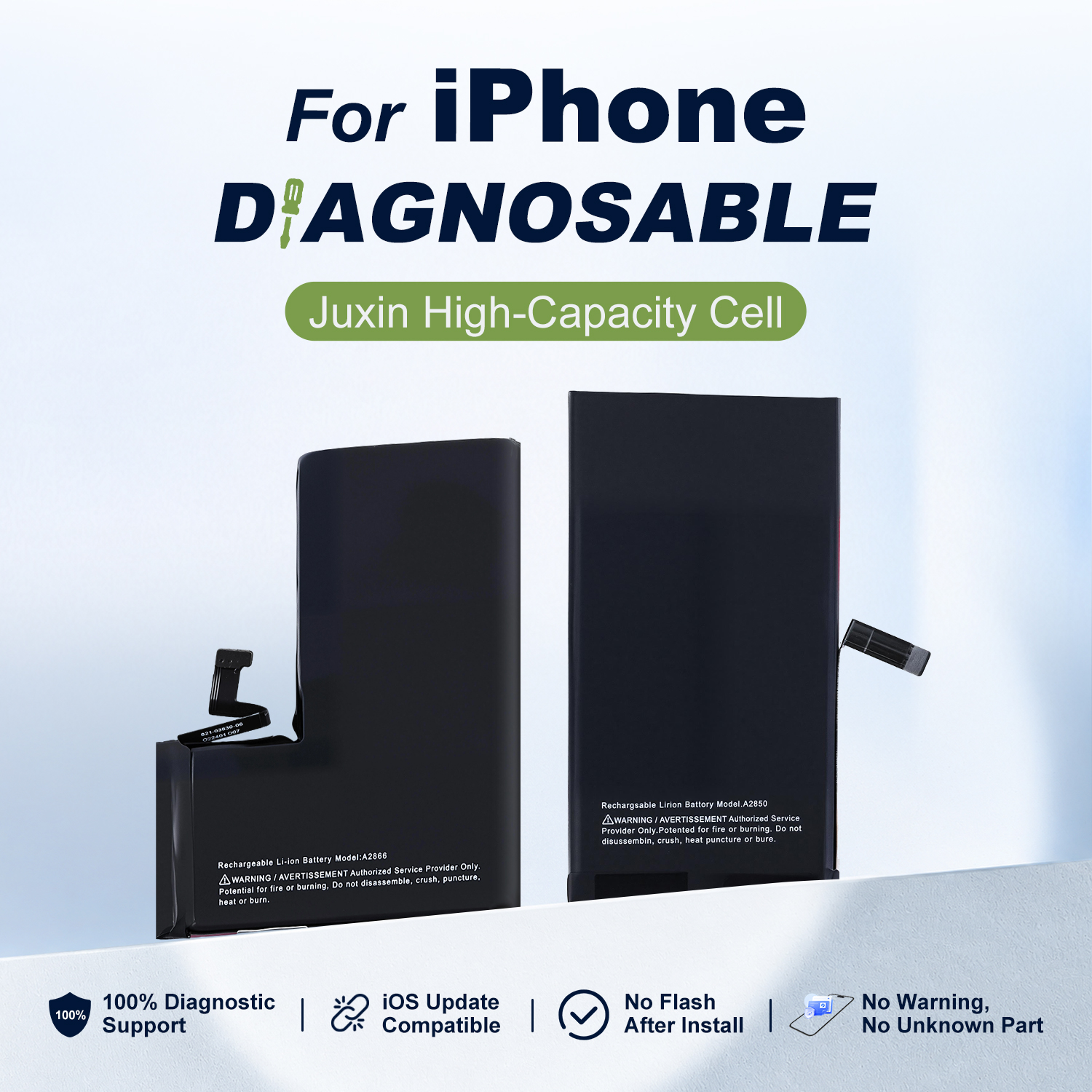 Diagnosable Higher Capacity Battery with Sticker for iPhone, (JUXIN Pure Cobalt Cell)